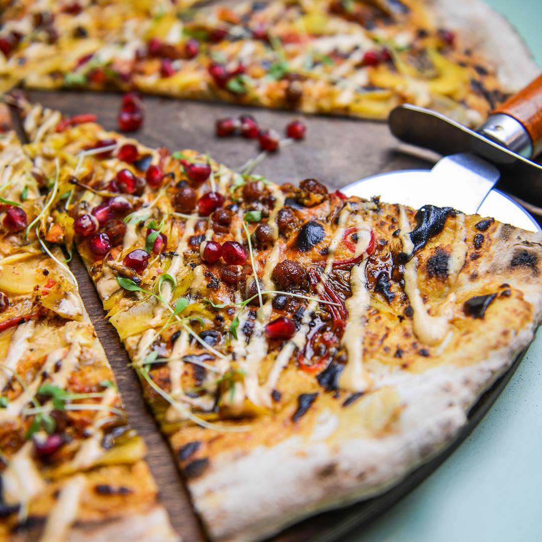Homeslice Pizza - Cauliflower Shawarma, Tahini & Pomegranate vegan pizza