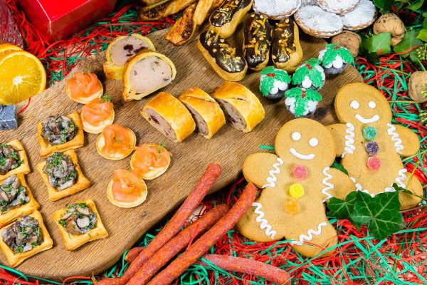 Platter of Christmas themed foods