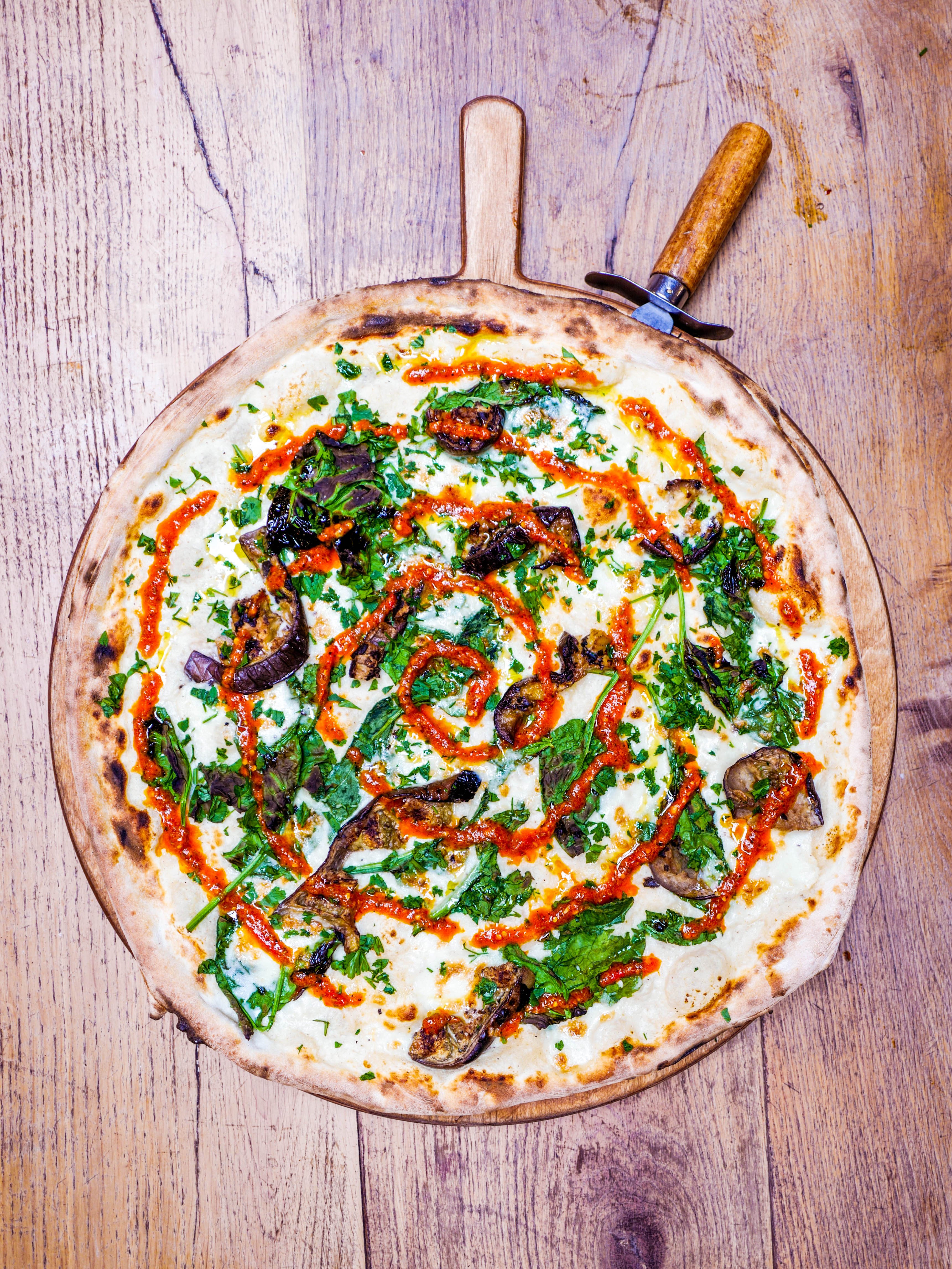  Homeslice Pizza - Aubergine, Cauliflower Cheese, Spinach & Harissa Pizza