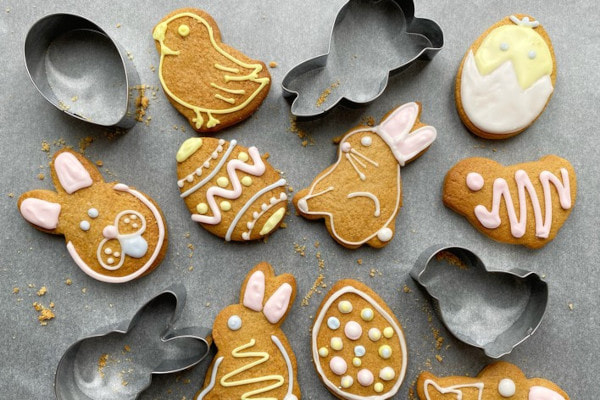 Cookies shaped and decorated liked bunnies, chicks, and eggs