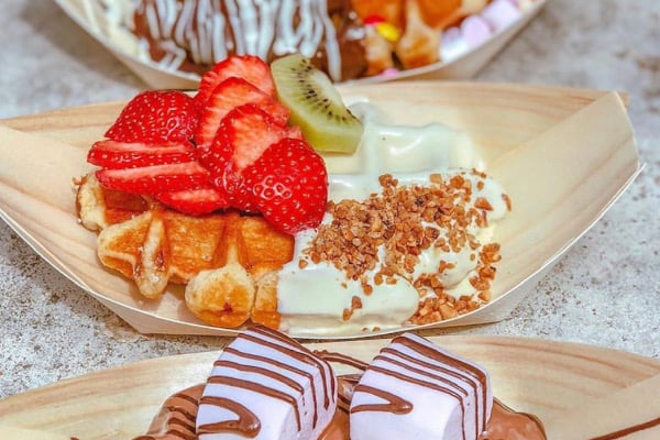 Waffles with fruit and ice cream