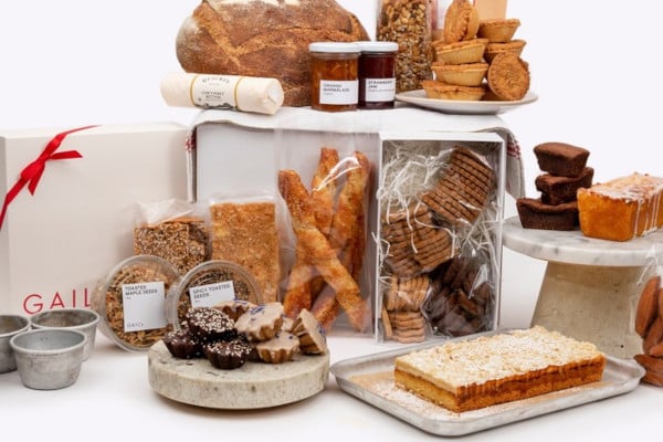 Lots of baked goods against a white background