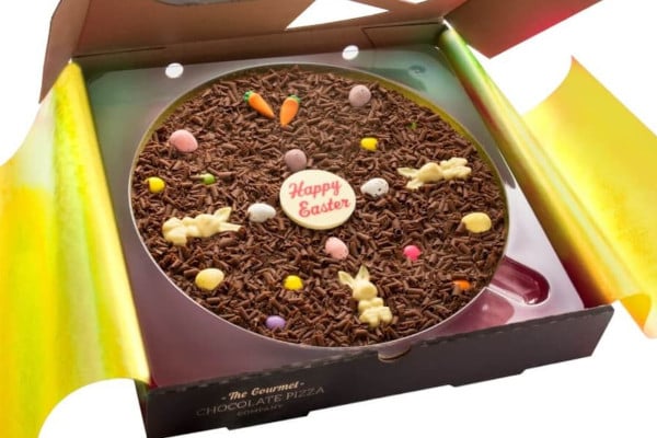 Chocolate pizza with easter decorations