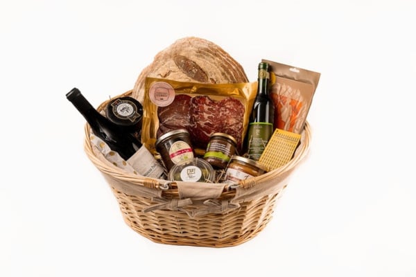 Wicker hamper filled with food