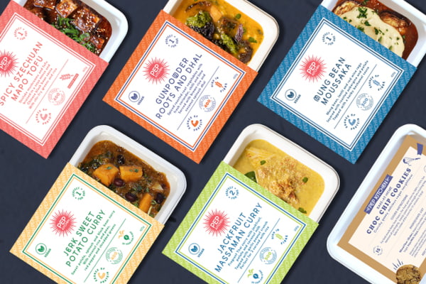 6 plant based ready meals in colourful packaging